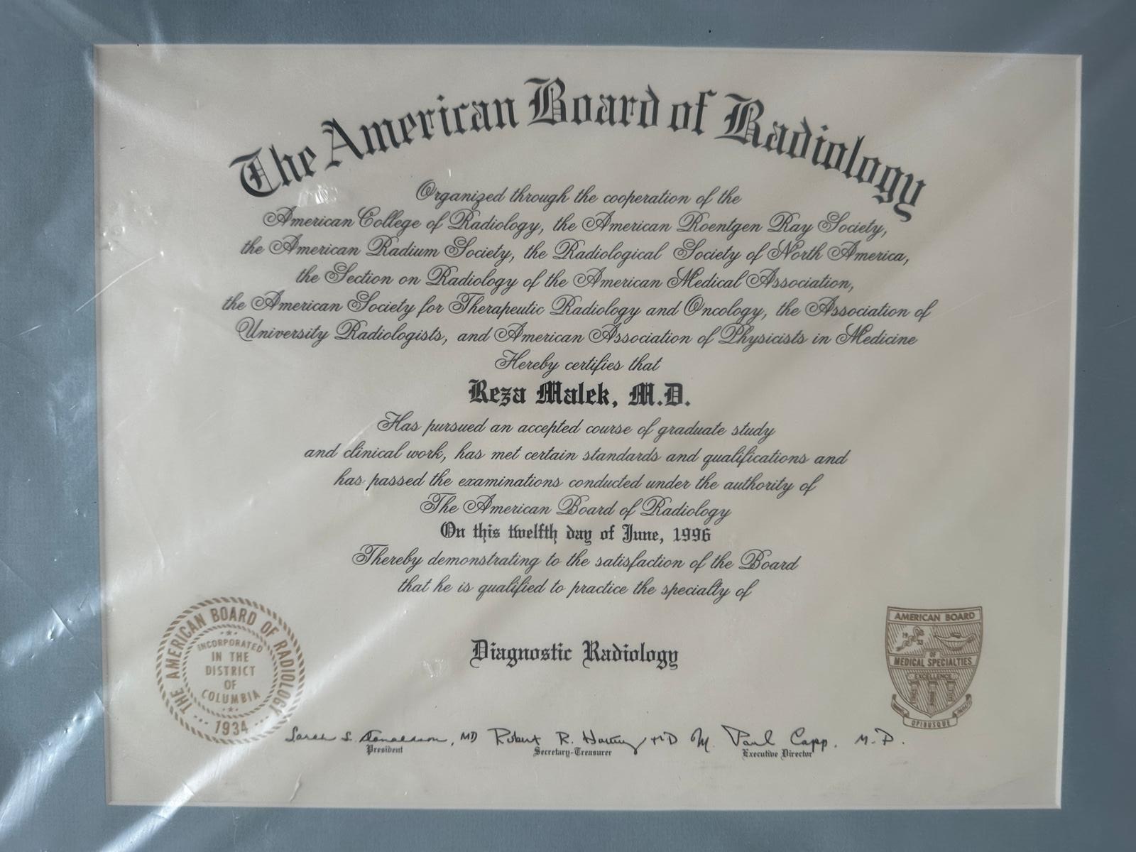 Diplomate, Diagnostic Radiology — June 12, 1996 — American Board of Radiology
