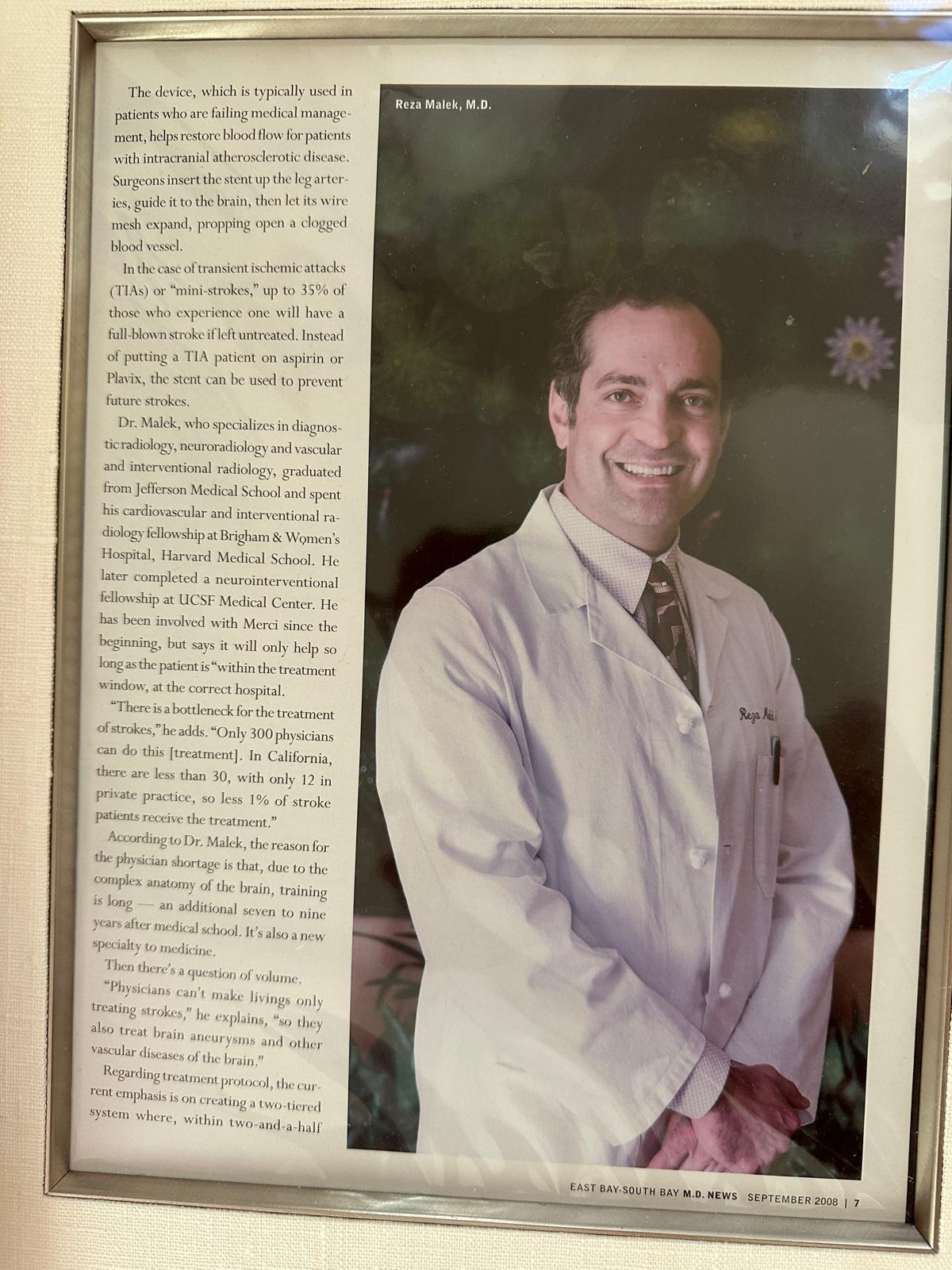 M.D. News article about Dr. Reza Malek and stroke treatment