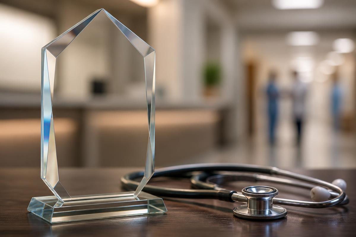Excellence in Healthcare Awards trophy with a stethoscope