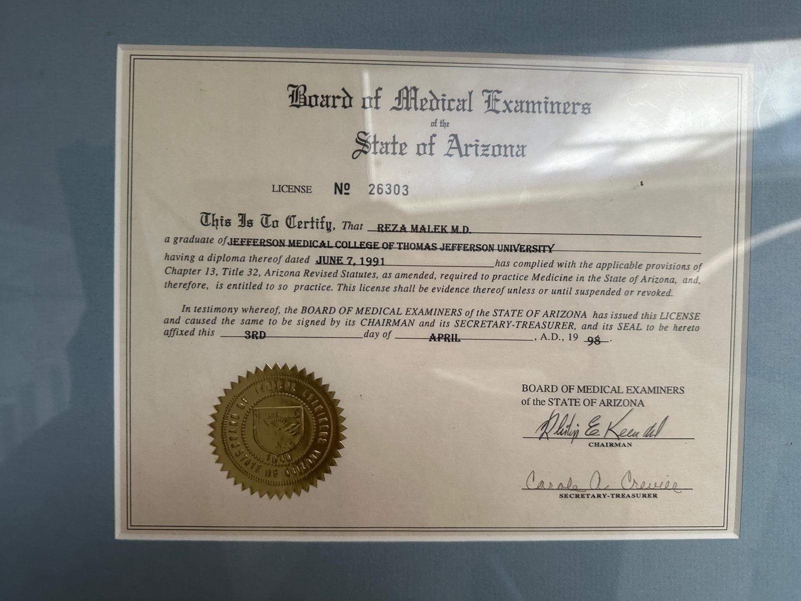 Medical License No. 26303 — 1998 — Board of Medical Examiners, State of Arizona