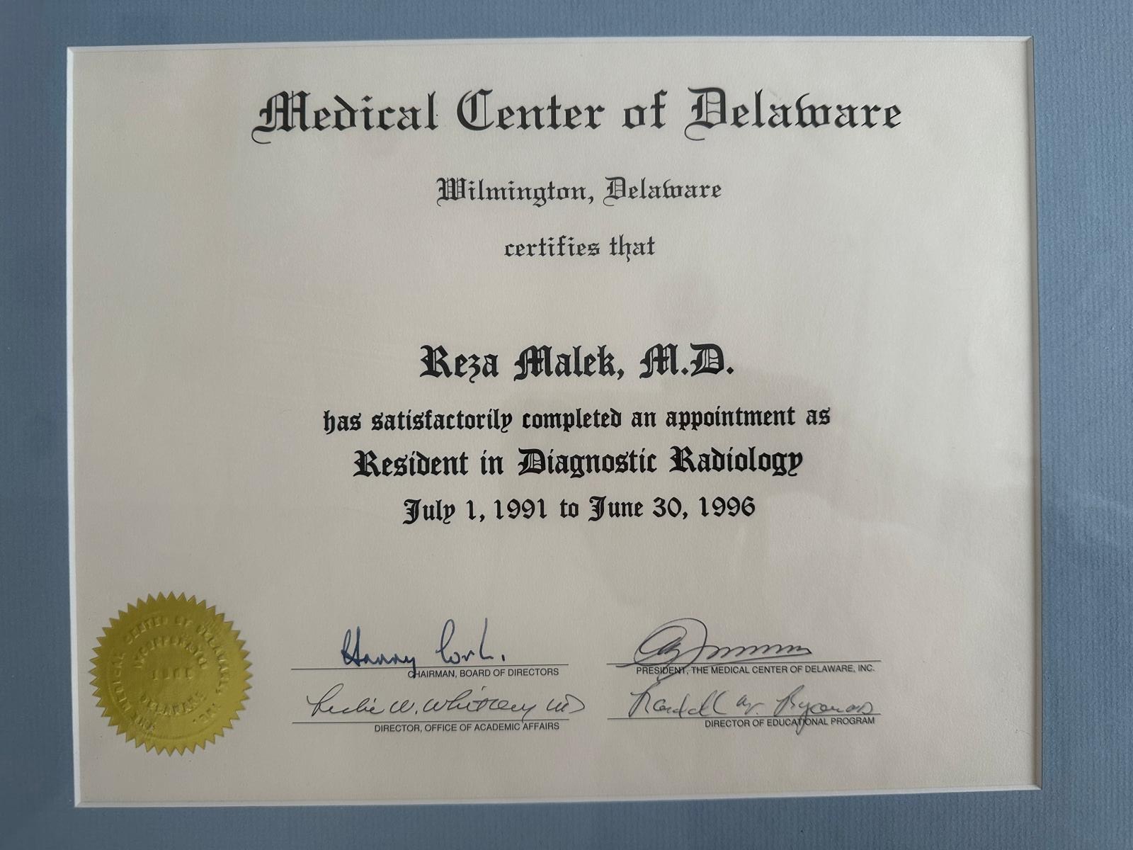 Residency in Diagnostic Radiology — 1991–1996 — Medical Center of Delaware